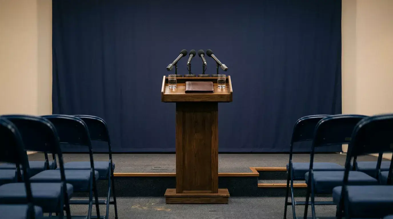 Empty press conference podium with microphones and an MLB-style backdrop, illustrating the integrity statements that reshaped baseball betting markets in late 2025.