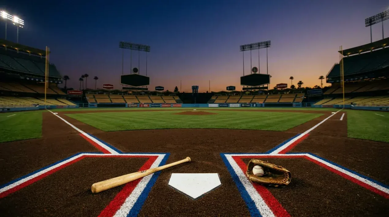 Floodlit Major League Baseball stadium at twilight viewed from behind home plate, framing a UK guide to MLB betting markets.