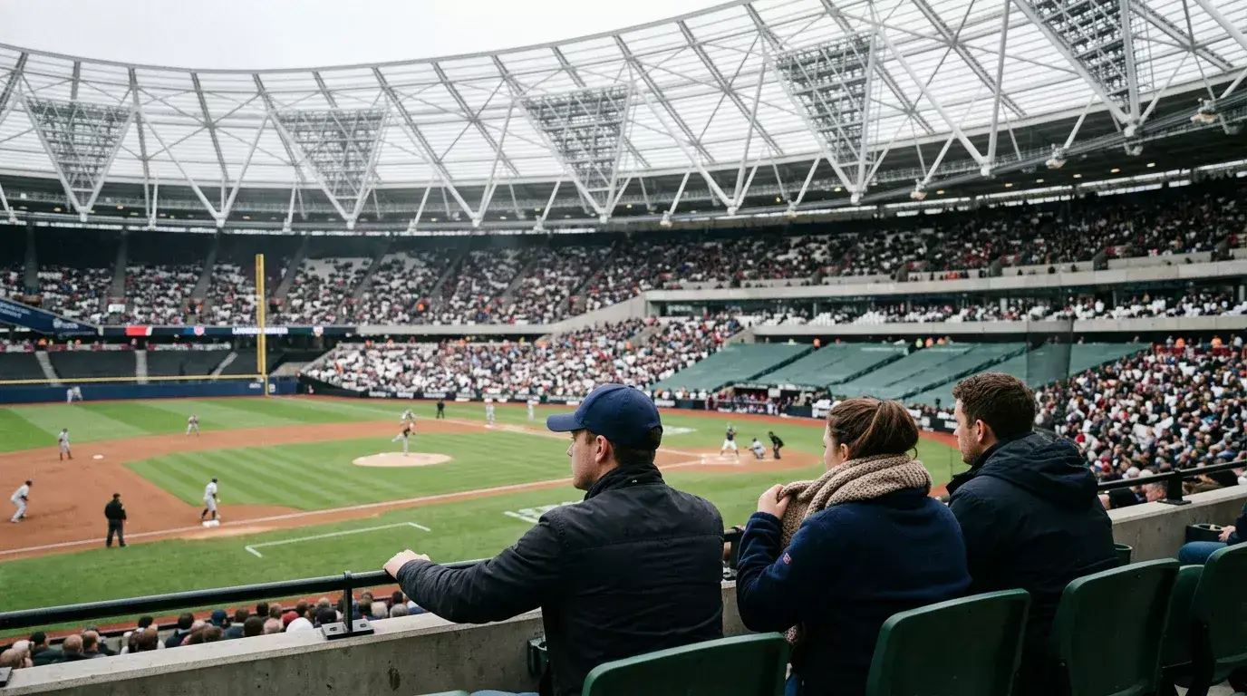 British baseball fans watching an MLB game inside a London Stadium-style venue, illustrating the UK market context for baseball betting.