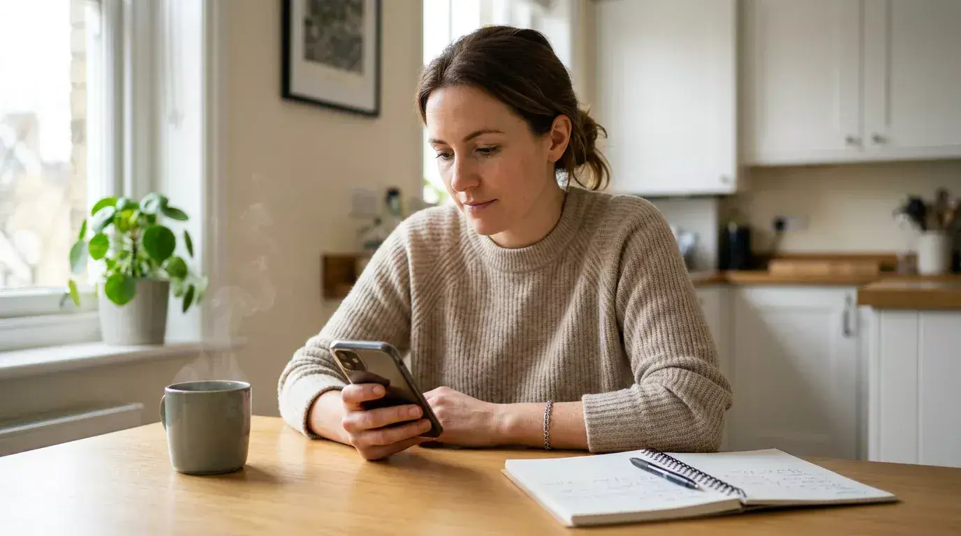Person sitting calmly at a kitchen table reviewing deposit-limit settings on a phone with a notebook beside them, illustrating responsible UK MLB betting habits.