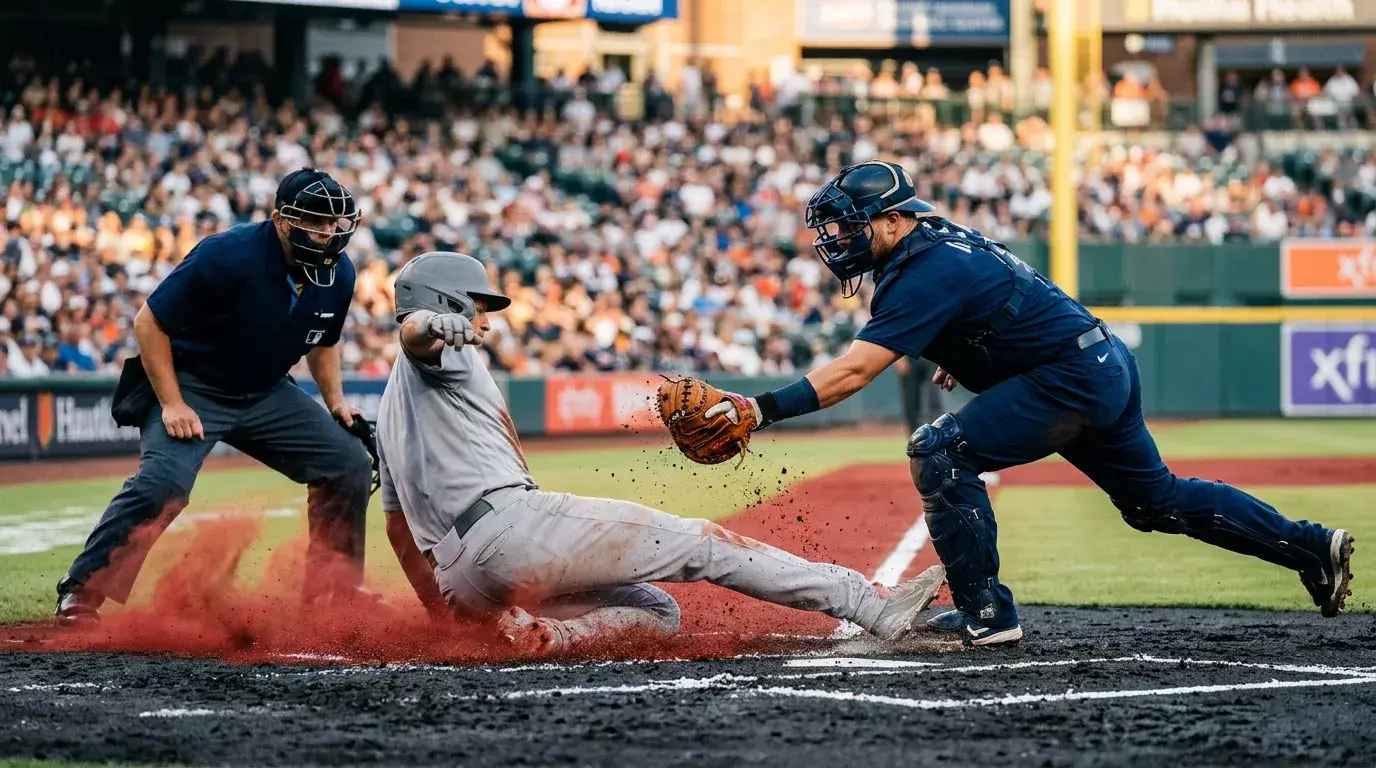 Baseball runner sliding into home plate in a cloud of dust as the catcher applies the tag, illustrating one-run-margin MLB games and the 1.5 run line.